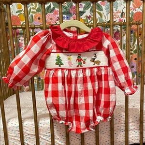 Grinch Smocked Red and White Checkered Baby Romper